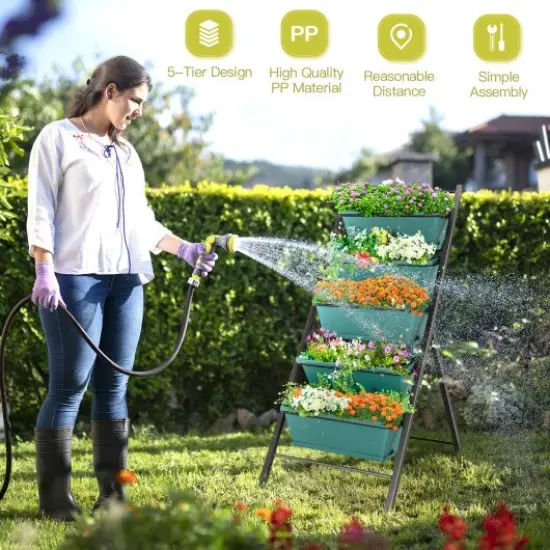 5-tier Vertical Garden Planter Box Elevated Raised Bed with 5 Container Green {2}