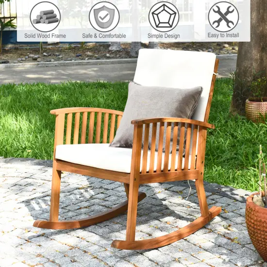 Costway 2PCSAcacia Wood Rocking Chair Garden Lawn W/ Cushion {5}