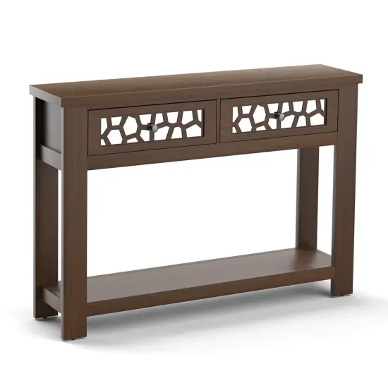 2-Tier Console Table with Drawers and Open Storage Shelf Brown {1}