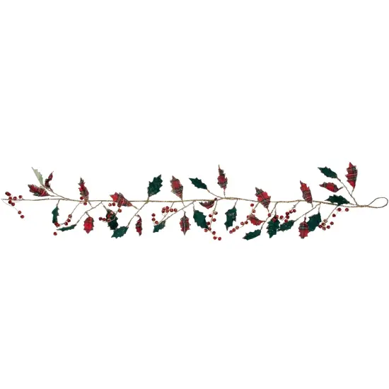 Northlight 5' Green and Red Plaid Holly with Jingle Bells Christmas Garland - Unlit {7}