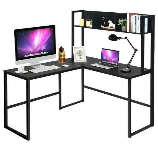 Costway 55'' L-Shaped Desk Corner Computer Desk w/Hutch Black {1}