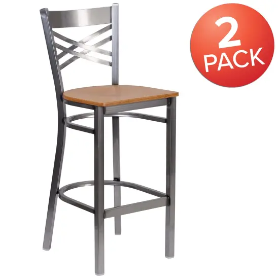 Emma and Oliver 2 Pack Clear Coated "X" Back Metal Restaurant Barstool Natural/ClearCoated {5}