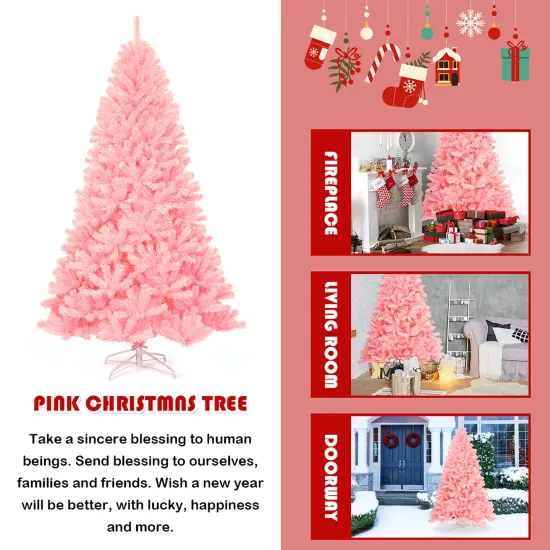 Costway 7.5Ft Hinged Artificial Christmas Tree Full Fir Tree New PVC w/ Metal Stand Pink {5}