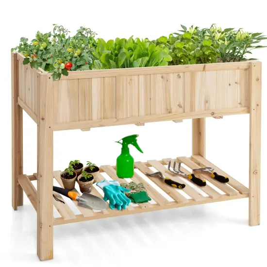 47 Inch Wooden Raised Garden Bed with Bottom Shelf and Bed Liner {1}