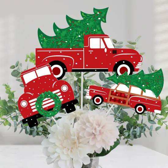 Big Dot of Happiness Merry Little Christmas Tree - Red Truck and Car Christmas Party Centerpiece Sticks - Table Toppers - Set of 15 {1}