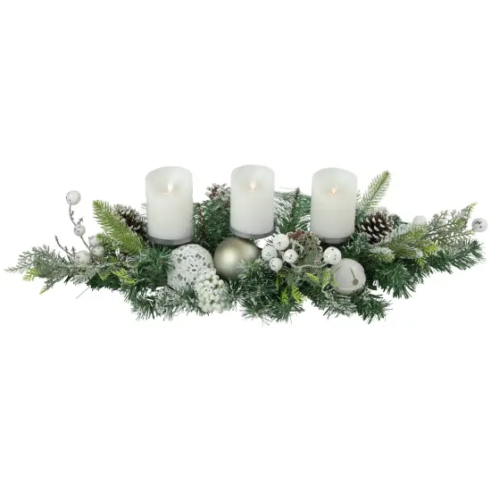 Northlight Frosted Pine and Pinecones with Laced Ornaments Christmas Triple Candle Holder - 32" White {4}