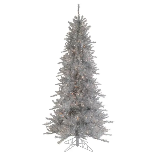 Northlight 9' Pre-Lit Silver Tinsel Noble Slim Artificial Christmas Tree - Clear Lights {1}