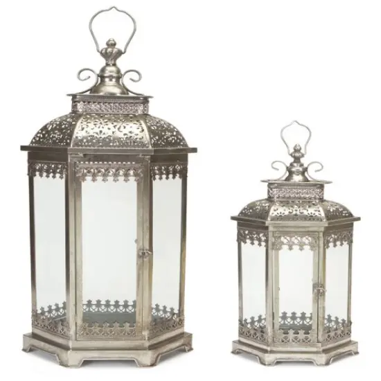 Melrose Set of 2 Antique Style Silver Decorative Glass Pillar Candle Lanterns 34" {1}