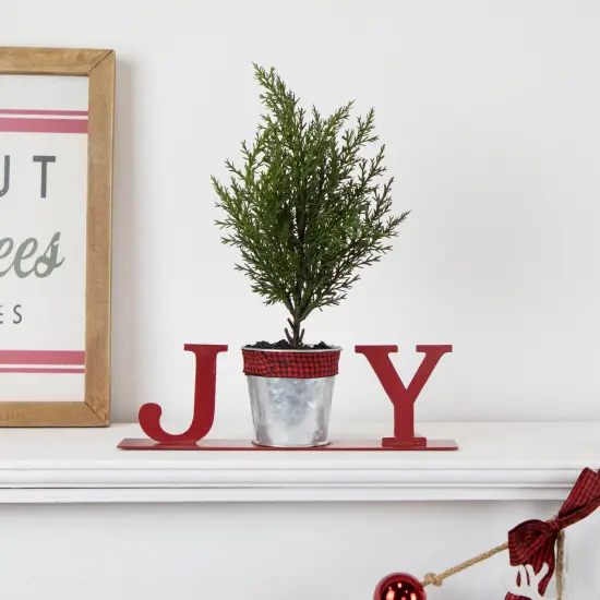 Northlight Potted Faux Pine in Metal "JOY" Planter Christmas Decoration - 10" - Red {3}