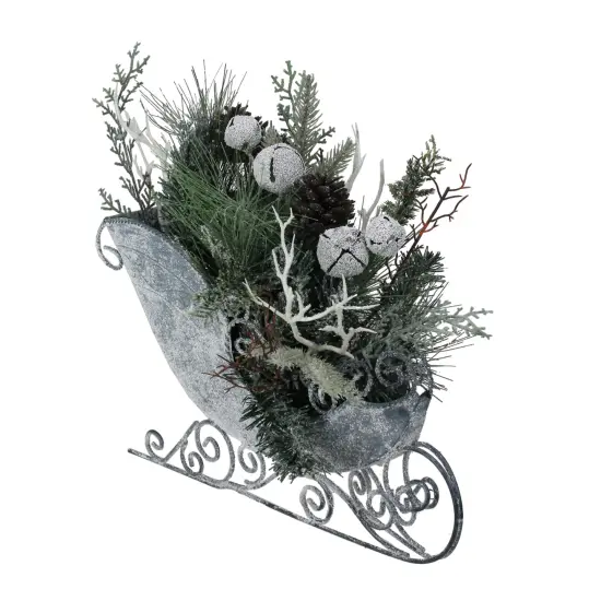 Northlight Frosted Christmas Pinecone, Bell and Foliage Filled Sleigh - 9.5" Gray {3}