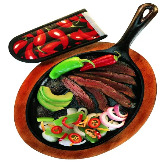 Lodge Logic LFSR3 Pre-Seasoned Cast Iron Fajita Grill and Hot Handle Holder Set {4}