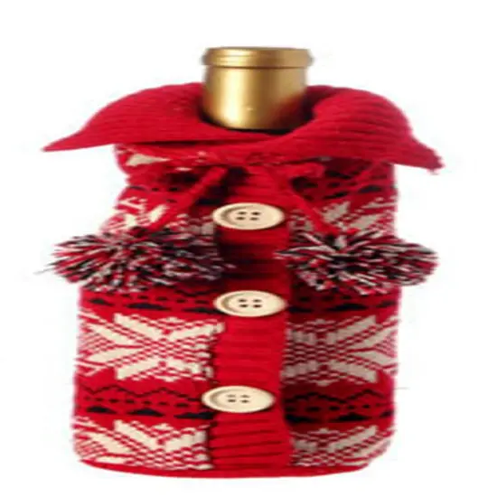 Raz 11" Alpine Chic Red, Black and Cream Snowflake Nordic Design Knit Christmas Wine Bottle Cover {1}