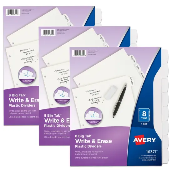 Avery Big Tab Write & Erase Durable Plastic Dividers for 3 Ring Binders, 8-Tab Sets, White, 3 Binder Divider Sets (01743) {1}