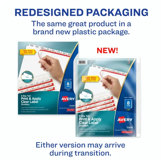 Avery 8 Big Tab Dividers for 3 Ring Binder, Easy Print & Apply Clear Label Strip, Index Maker Customizable White Tabs, 1 Set (11491) {2}