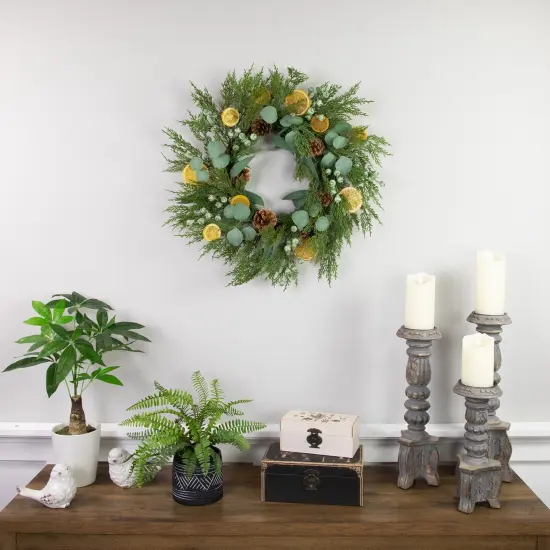 Northlight Real Touch&trade;️ Cypress, Lemon and Eucalyptus Artificial Christmas Wreath - 22" - Unlit Green {4}