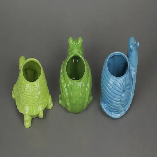 Set of 3 Garden Critters Turtle Frog and Snail Dolomite Ceramic Mini Planters {4}