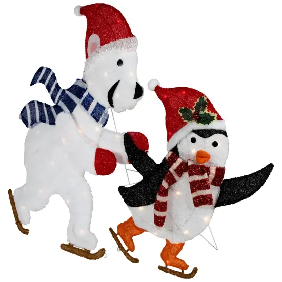 Northlight 41.25" Lighted Ice Skating Polar Bear and Penguin Outdoor Christmas Decoration Red {4}