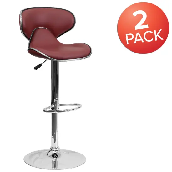 Emma and Oliver 2 Pack Contemporary Cozy Mid-Back Vinyl Adjustable Height Barstool with Chrome Base Burgundy {5}