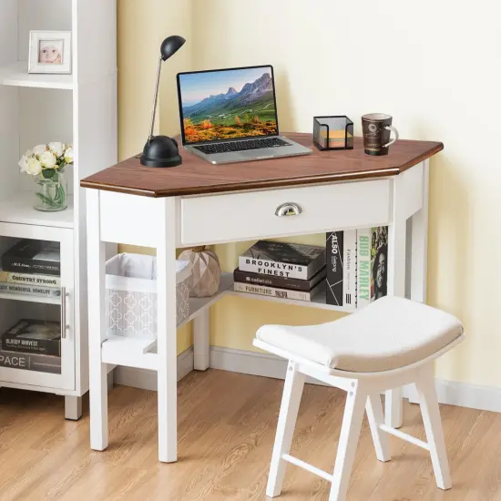 Wooden Corner Computer Desk with Big Storage Drawer and Two Open Shelves Natural {3}