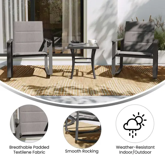Merrick Lane Brevyn 3 Piece Outdoor Bistro Set with Flex Comfort Rocking Chairs and Steel Framed Glass Top Table Gray {2}