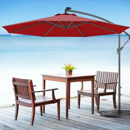 Costway 10' Hanging Solar LED Umbrella Patio Sun Shade Offset Market W/Base Burgundy {1}