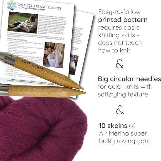 DIY Merino Wool Blanket Knitting Kit: Soft and Thick #7 Weight Jumbo Yarn, Knitting Needles and Pattern. Soft, Cozy, Great for Gifts Wine {2}