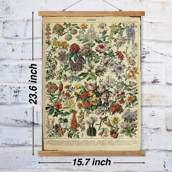 Flower Poster Hanger Frame, Retro Style Wall Art Prints, Printed on Linen with Natural Wooden Frames, Wall Hanging Decor {3}