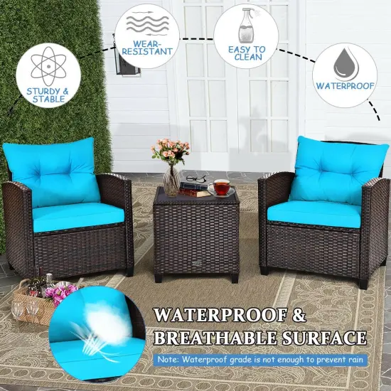 3 Pcs Patio Rattan Furniture Set Cushioned Conversation Set Coffee Table Turquoise {6}