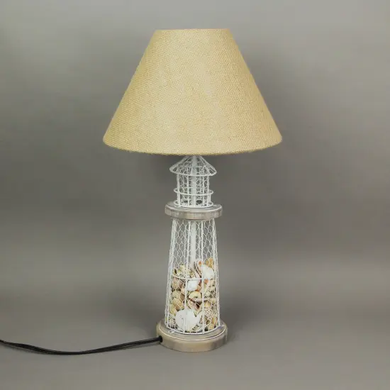 White and Grey Metal Real Seashell Lighthouse Table Lamp with Burlap Shade {5}