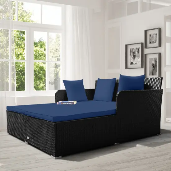 Spacious Outdoor Rattan Daybed With Upholstered Cushions And Pillows Navy {2}