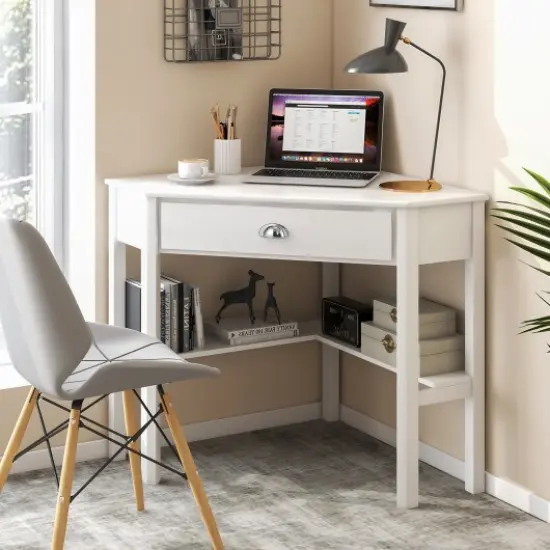 Wooden Corner Computer Desk with Big Storage Drawer and Two Open Shelves White {2}