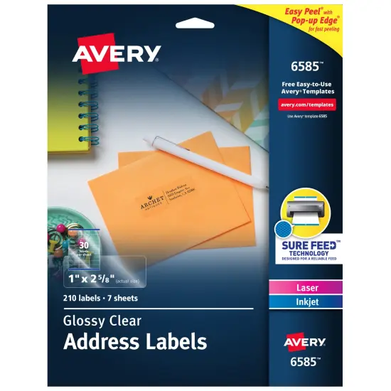 Avery Glossy Clear Address Labels, Sure Feed Technology, Laser/Inkjet, 1" x 2-5/8", 210 Labels (6585) {1}