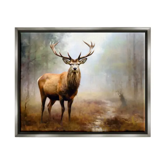 Stupell Industries Deer Woodland Trees Framed Floater Canvas Wall Art Gray Floater Frame {1}