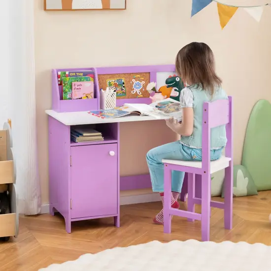 Costway Kids Study Desk with Chair, Whiteboard, Marker, Hutch, Storage Cabinet Purple/White {9}
