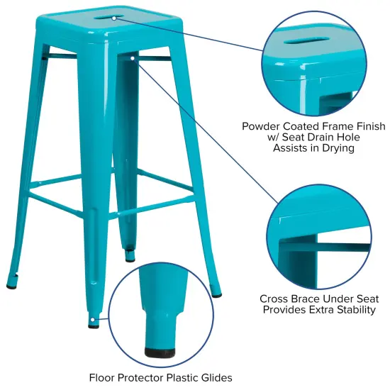 Merrick Lane Newark Series Backless Metal Stool with Square Seat for Indoor-Outdoor Use Crystal Teal-Blue {4}