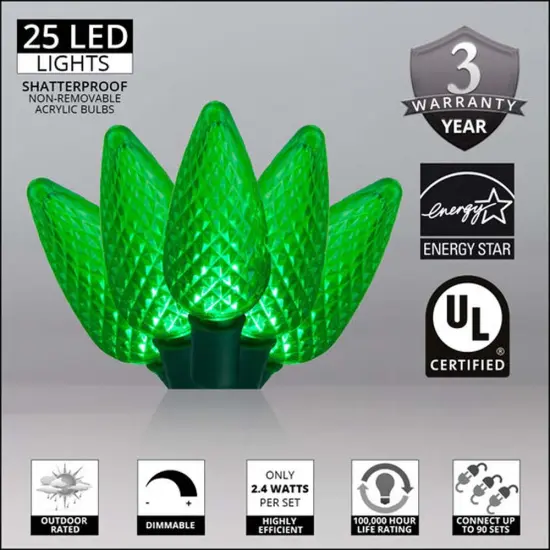 25 Green C9 LED Christmas Lights, Green Wire, 8" Spacing {3}