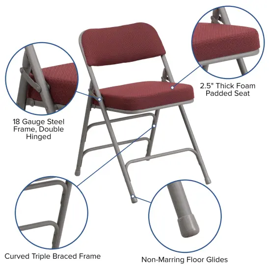 Emma and Oliver 4 Pack Premium Curved Triple Braced & Hinged Fabric Upholstered Metal Folding Chair Burgundy {2}