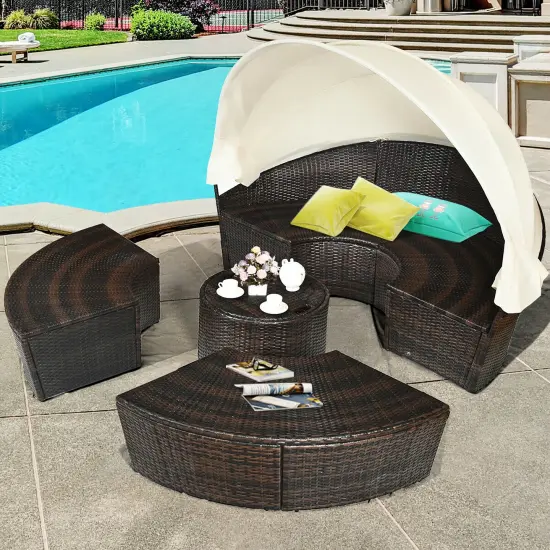 Costway Patio Rattan Daybed Cushioned Sofa Adjustable Table Top Canopy W/3 Pillows {4}