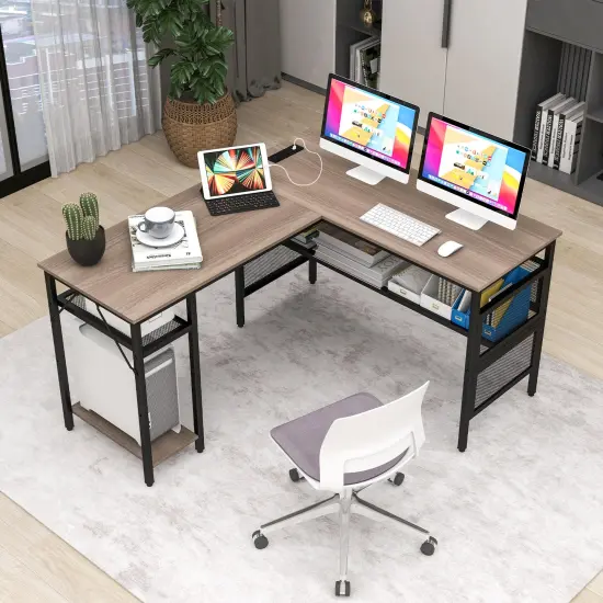 Costway Reversible L-Shaped Computer Desk with Charging Station Adjustable Shelf CPU Stand {5}
