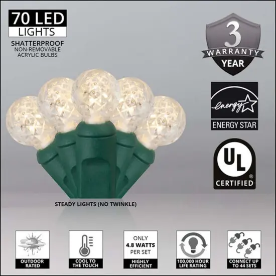 70 Warm White G12 LED String Lights, Green Wire, 4" Spacing {3}