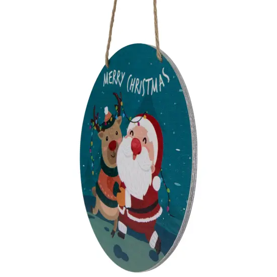 Northlight Santa and Reindeer "Merry Christmas" Disc Ornament - 8" - Blue and Red Green {6}