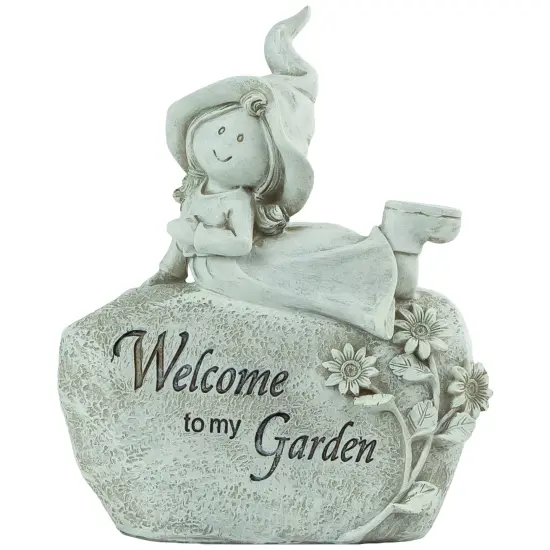Northlight 7.5" Girl Laying on Rock "Welcome To My Garden" Outdoor Garden Statue White {1}