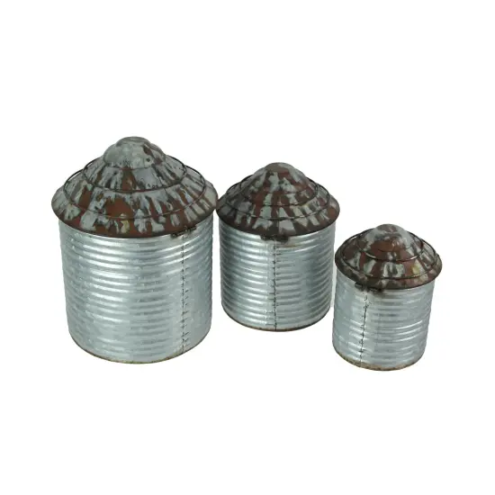 Vintage Farmhouse Style Galvanized Decorative Tin Silo Canister Set of 3 {3}