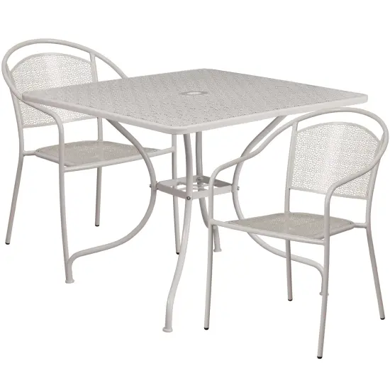 Emma and Oliver Commercial 35.5" Square Metal Garden Patio Table Set w/ 2 Round Back Chairs Light Gray {1}