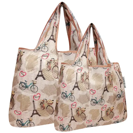 Wrapables Large & Small Foldable Tote Nylon Reusable Grocery Bags, Set of 2 Paris {1}