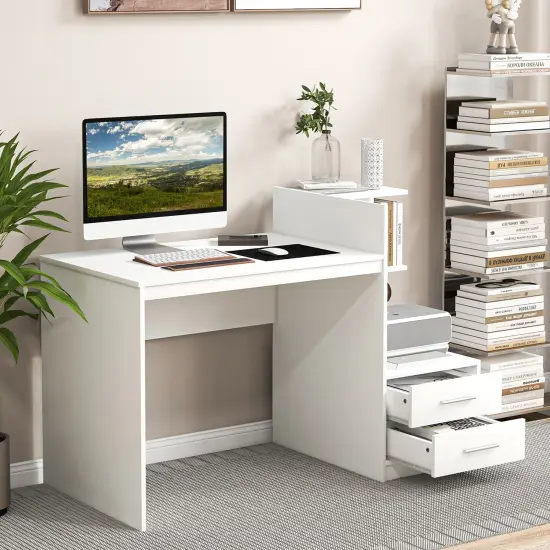 Costway Computer Desk Laptop Table Writing Study Desk Home Office with Bookshelf & Drawers {2}