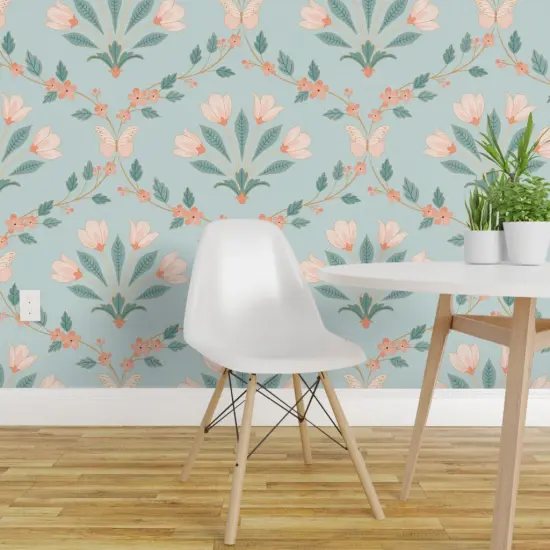 Pre-Pasted Wallpaper 2FT Wide Floral Damask Butterflies Spring Flowers Symmetrical Tulips Leaves Botanical Custom Pre-pasted Wallpaper by Spoonflower {1}