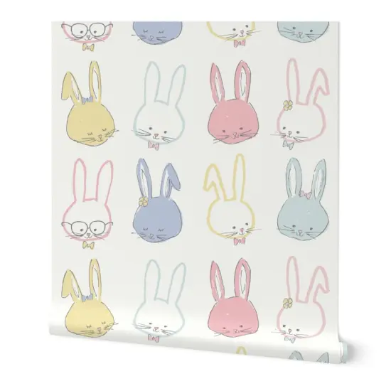 Peel & Stick Wallpaper 2FT Wide Easter Bunnies Pastel Spring Periwinkle Lilac Blue Pink Ivory Garden Hand Drawn Whimsical Rabbits Custom Removable Wallpaper by Spoonflower {7}