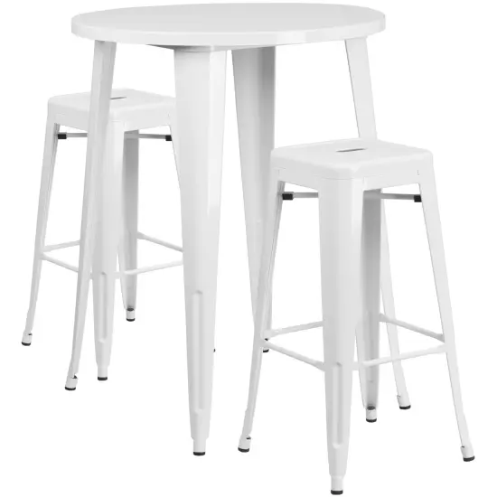 Emma and Oliver Commercial Grade 30" Round Metal Indoor-Outdoor Bar Table Set, 2 Backless Stools White {1}