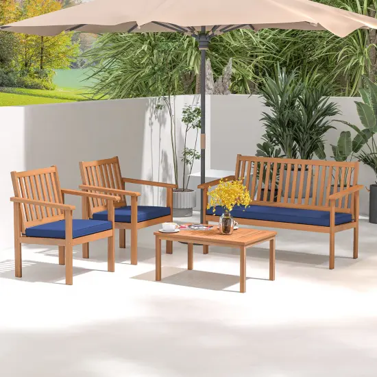 4 Piece Patio Wood Furniture Set Acacia Wood Sofa Set with Loveseat-Navy {1}
